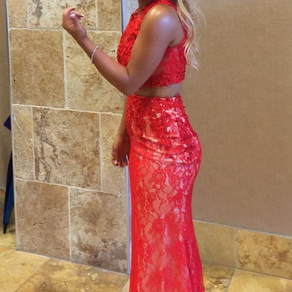 Red Lace Two Piece Prom Dress